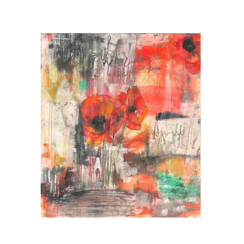 Original Painting: Poppies. Abstract Hand Painted on Arches Paper (UNFRAMED), Mixed Media Floral Art In Red, Gray, Black, Green & Orange