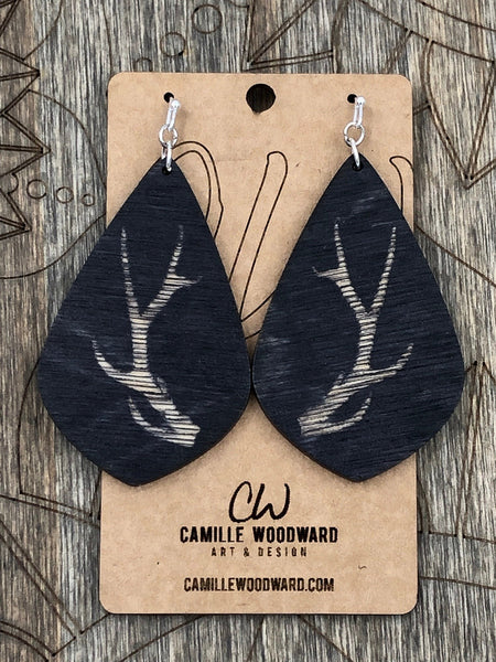 Elk Antler Earrings Teardrop Wood Plastic Cut Engraved Camouflage