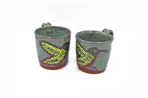 Hummingbird Ceramic Pottery Mug - Gray, Purple, Black, and Lime Green