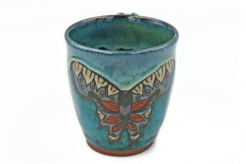 Butterfly Ceramic Pottery Mug - Turquoise, Green, Stylized