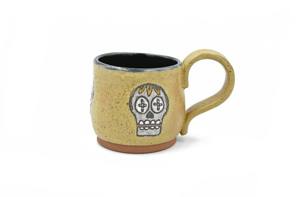 Sugar Skull Taupe Yellow Ceramic Pottery Mug