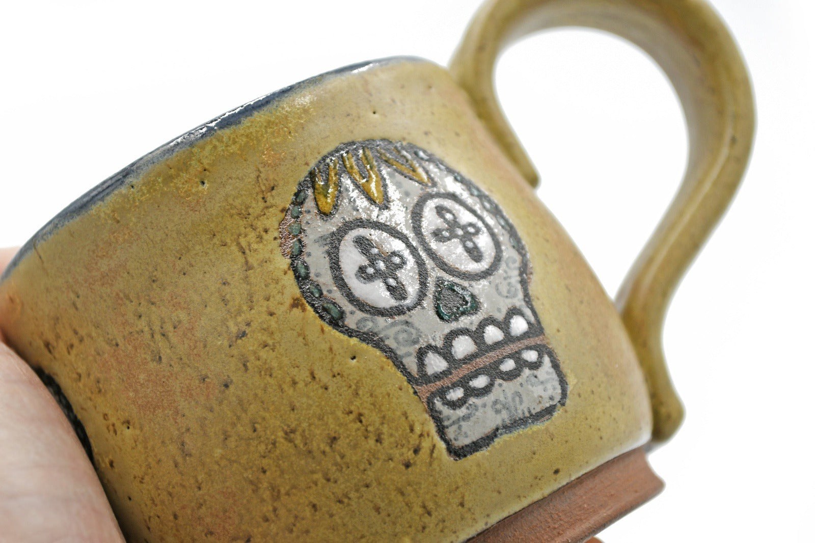 Sugar Skull Taupe Yellow Ceramic Pottery Mug