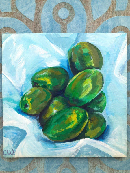 Green Olives on Blue, Original Acrylic Painting, Wall Art, Farmhouse Vintage, Hand Painted, Square, White