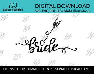 Bride Arrow Heart Black and White, EPS, PNG SVG - Digital Download