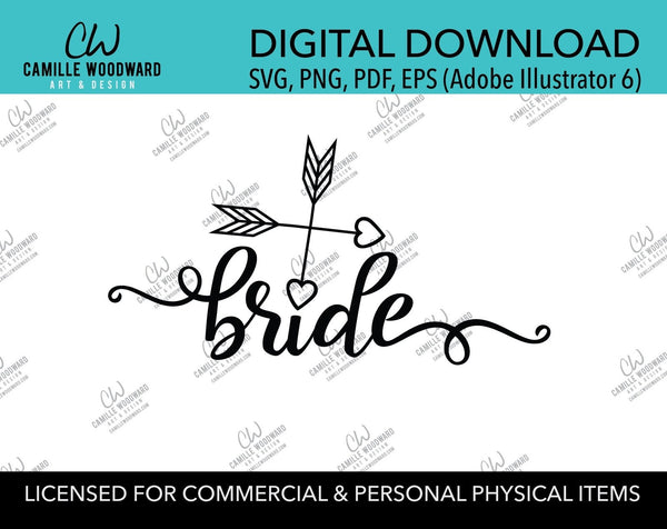 Bride Two Arrows Heart Black and White, EPS, PNG SVG - Digital Download