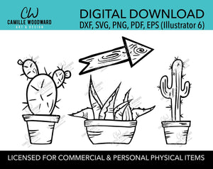 prickly pear cactus agave saguaro wood arrow illustration clip art