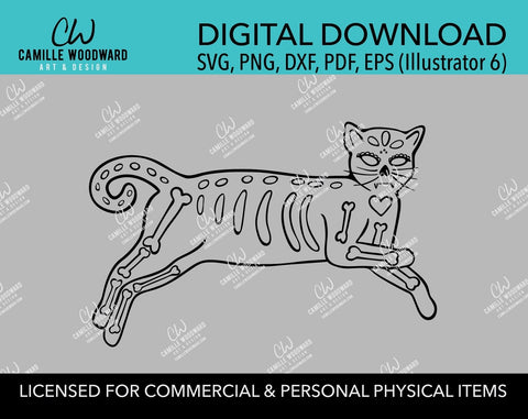 Cat Skeleton Reclining Black and White, EPS, SVG, PNG - Transparent Digital Download