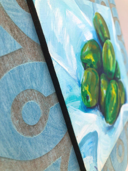 Green Olives on Blue, Original Acrylic Painting, Wall Art, Farmhouse Vintage, Hand Painted, Square, White