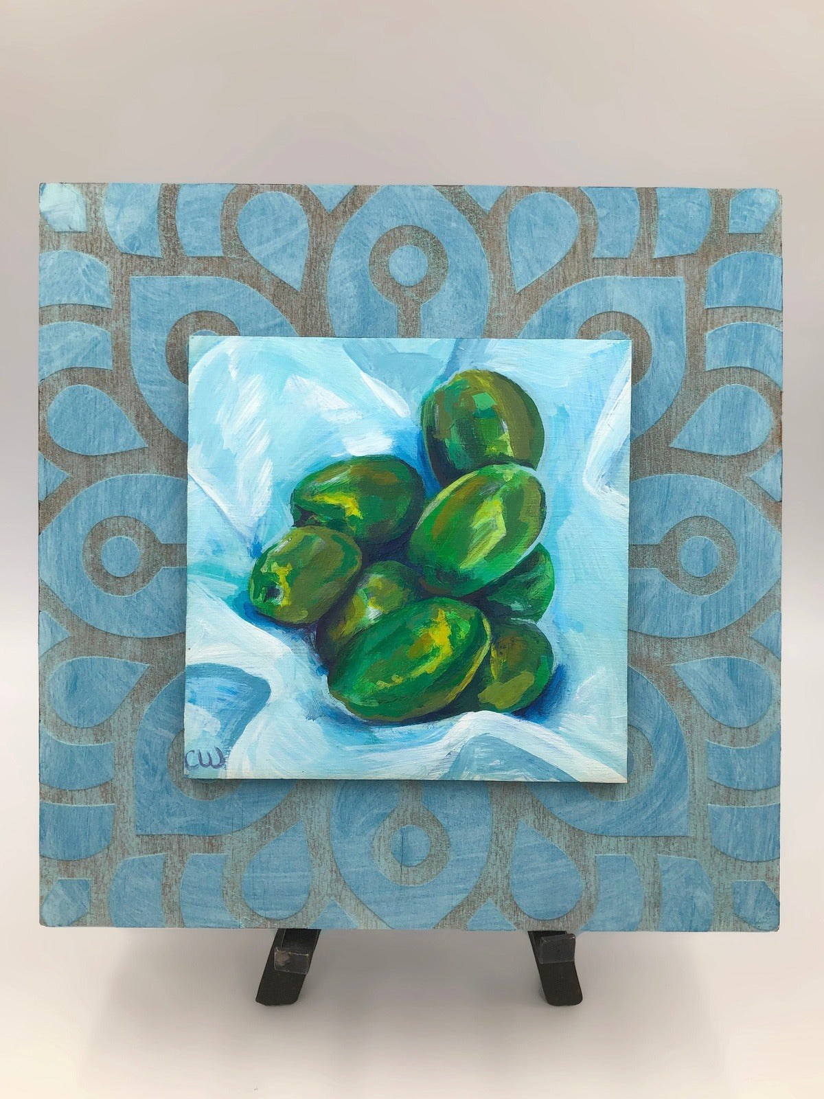 Green Olives on Blue, Original Acrylic Painting, Wall Art, Farmhouse Vintage, Hand Painted, Square, White