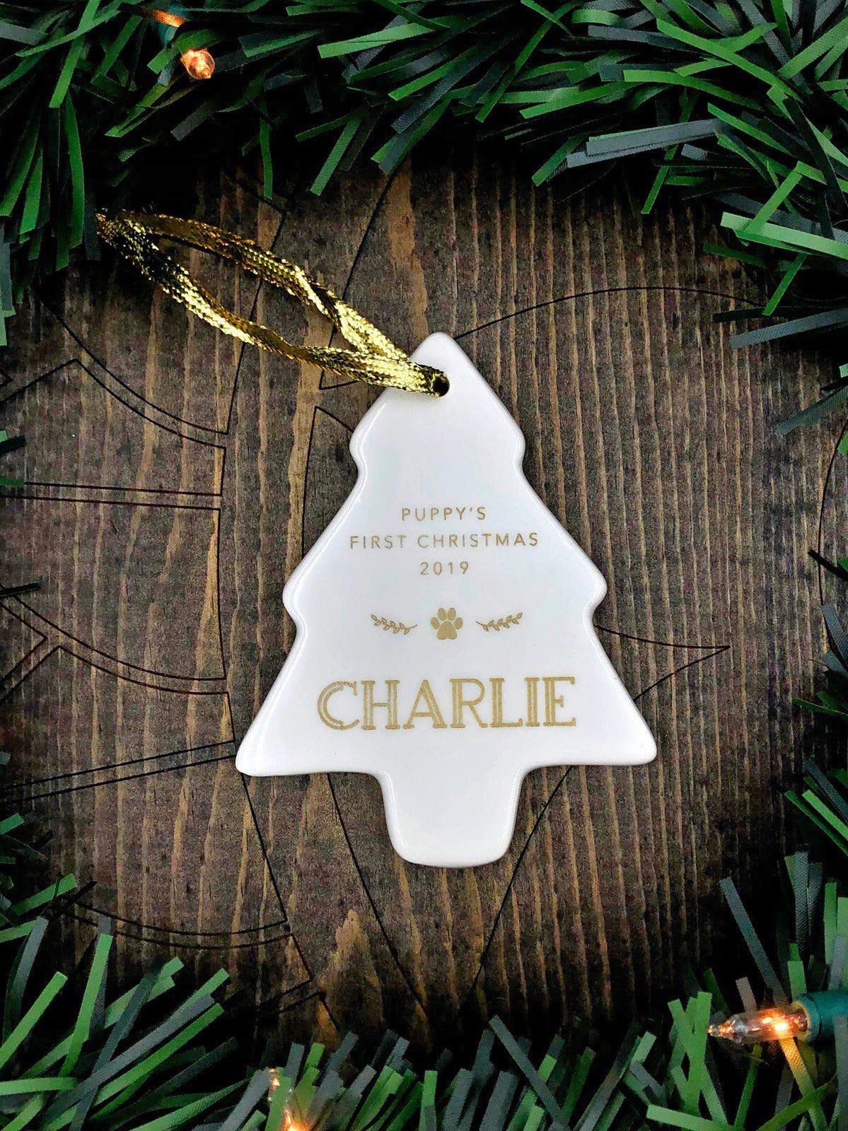 Puppy's First Christmas Ornament Personalized Tree Shape