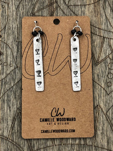 Wine Glass Metal Earrings Handmade Stamped Rectangle