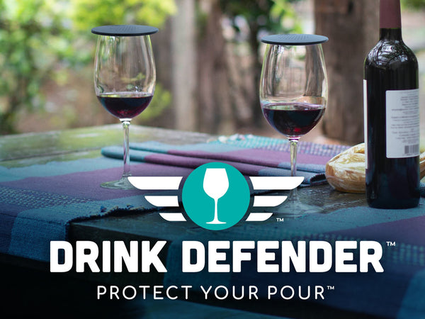 Patio Table Glasses with Logo DRINK DEFENDER (TM) - Wine, Beer, Cocktail, and Beverage Cover