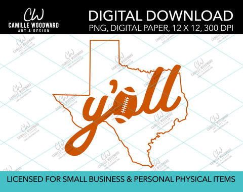 Texas Y'all Football A, Burnt Orange, PNG - Sublimation Digital Download