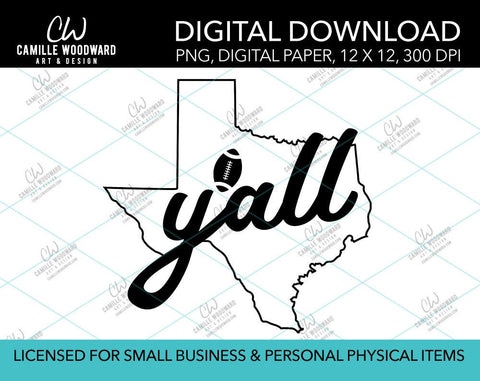 Texas Y'all Football, Black, PNG - Sublimation Digital Download