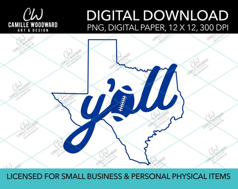 Texas Y'all Football A, Royal Blue, PNG - Sublimation Digital Download