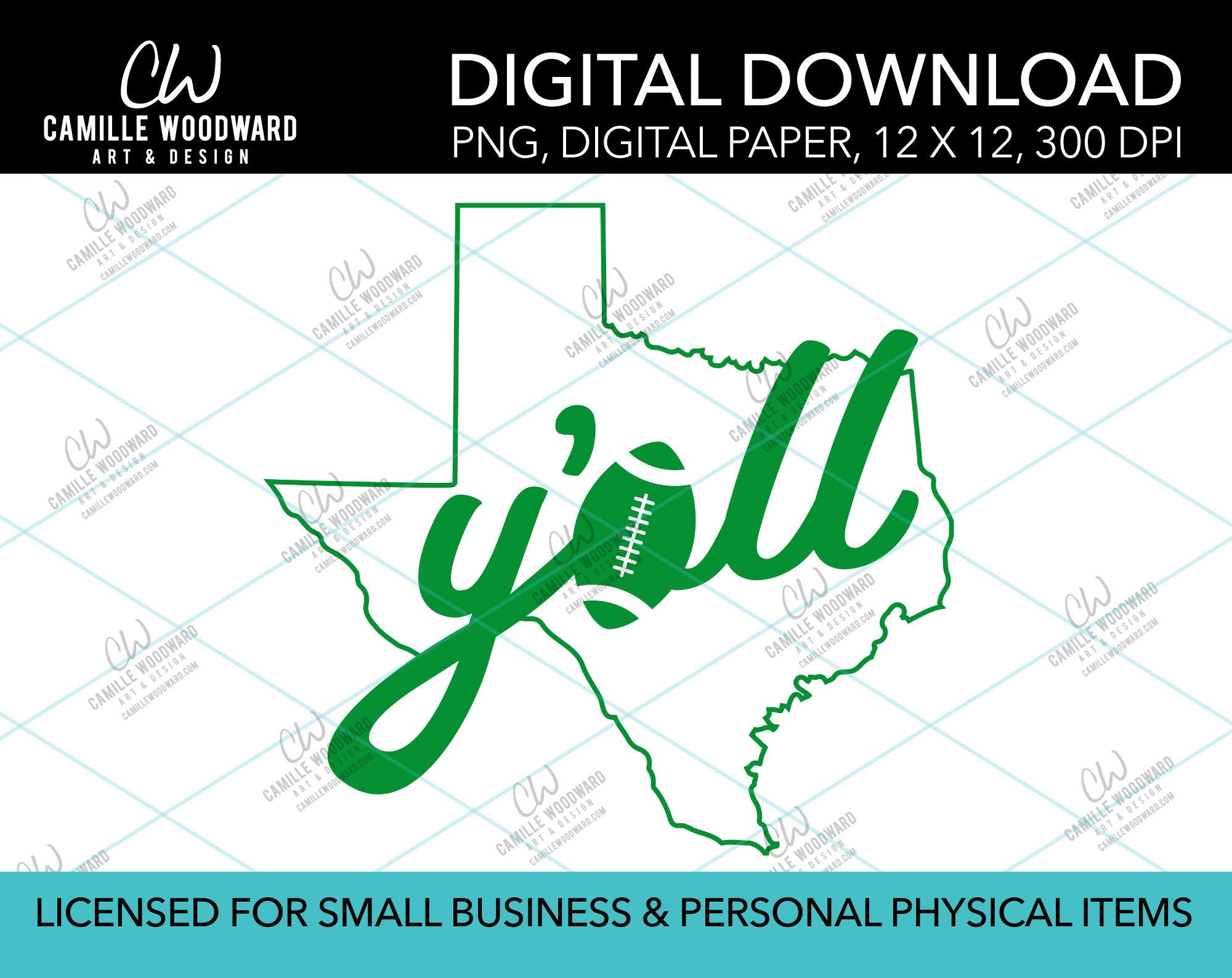 Texas Y'all Football A, Green, PNG - Sublimation Digital Download