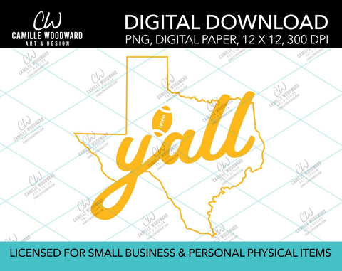 Texas Y'all Football, Gold, PNG - Sublimation Digital Download