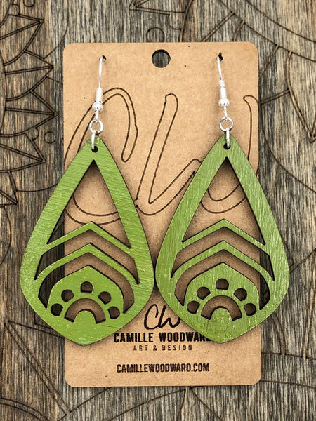 Mandala Earrings Open Teardrop, Wood, Burnt Orange, Moss Green