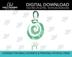 Christmas Ornament Swirl Watercolor Drawing Joy Text Green - PNG JPG Digital Download