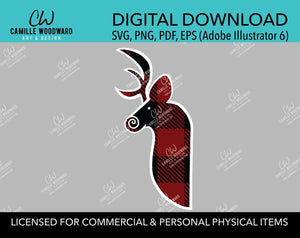 Buffalo Plaid Deer Head Maroon Black, White Outline, Swirly Nose, Hand Drawn, SVG, EPS, PNG - Sublimation Digital Download Transparent