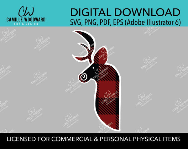 Buffalo Plaid Deer Head Maroon Black, White Outline, Swirly Nose, Hand Drawn, SVG, EPS, PNG - Sublimation Digital Download Transparent