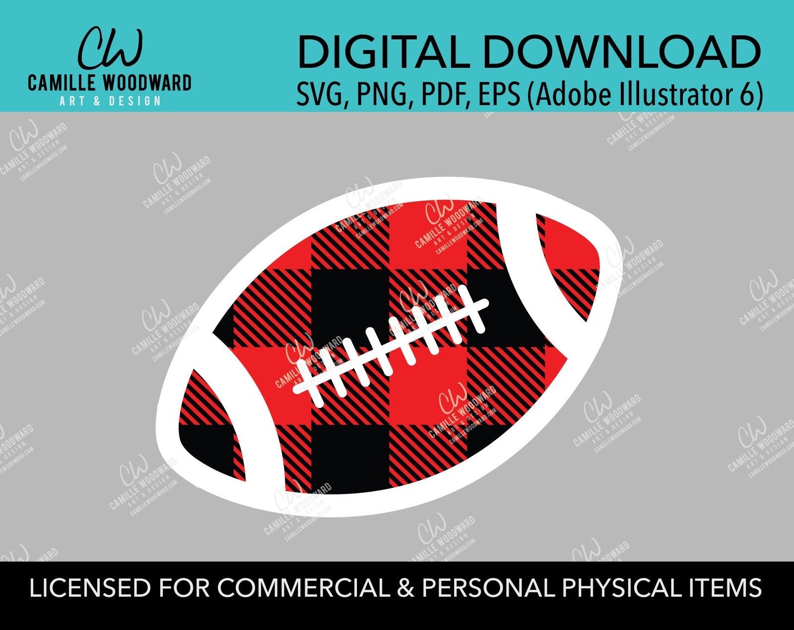 Buffalo Plaid Football Red Black White Outline, SVG, EPS, PNG - Sublimation Digital Download Transparent
