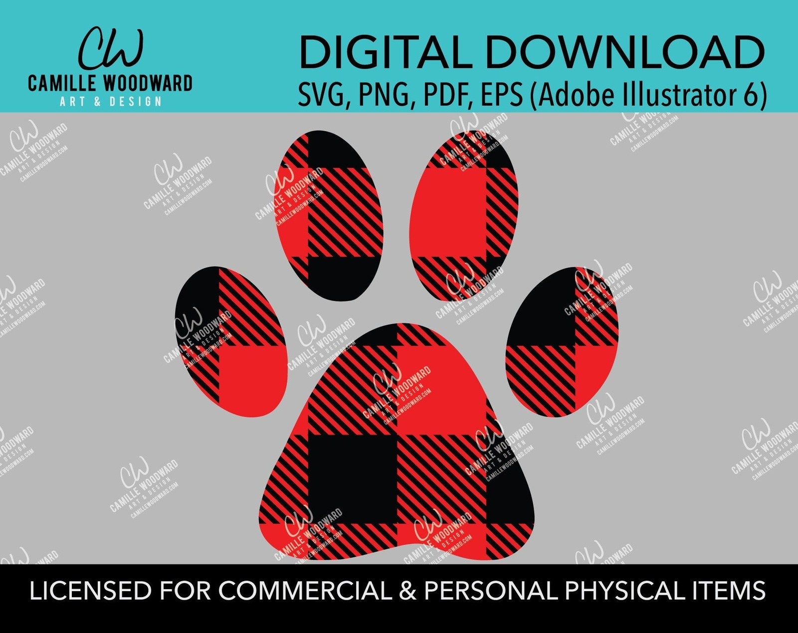 Buffalo Plaid Paw Print Red Black, SVG, EPS, PNG - Sublimation Digital Download Transparent