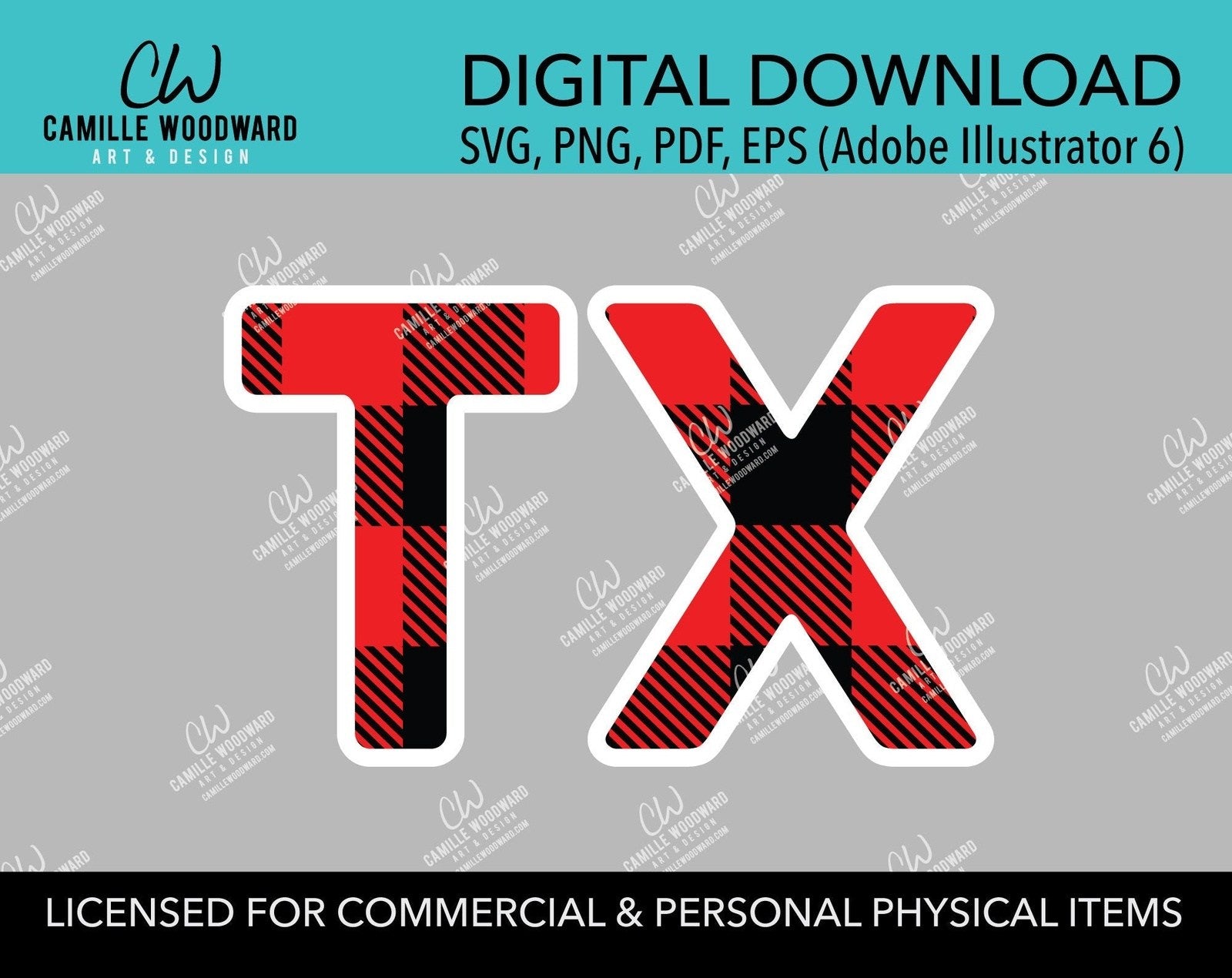 Buffalo Plaid Texas Abbreviation Red Black White Outline, SVG, EPS, PNG - Sublimation Digital Download Transparent