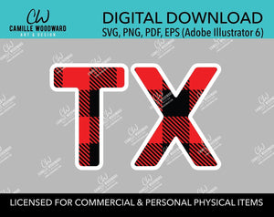 Buffalo Plaid Texas Abbreviation Red Black White Outline, SVG, EPS, PNG - Sublimation Digital Download Transparent