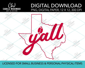 Texas Y'all Football, Bright Red, PNG - Sublimation Digital Download