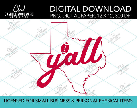 Texas Y'all Football, Bright Red, PNG - Sublimation Digital Download