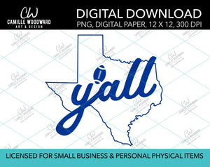 Texas Y'all Football, Royal Blue, PNG - Sublimation Digital Download