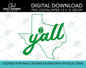Texas Y'all Football, Green, PNG - Sublimation Digital Download