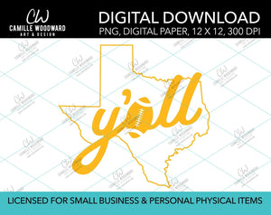 Texas Y'all Football A, Gold, PNG - Sublimation Digital Download