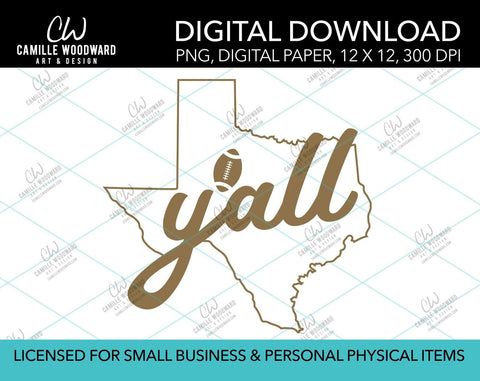 Texas Y'all Football, Gold Metallic, PNG - Sublimation Digital Download