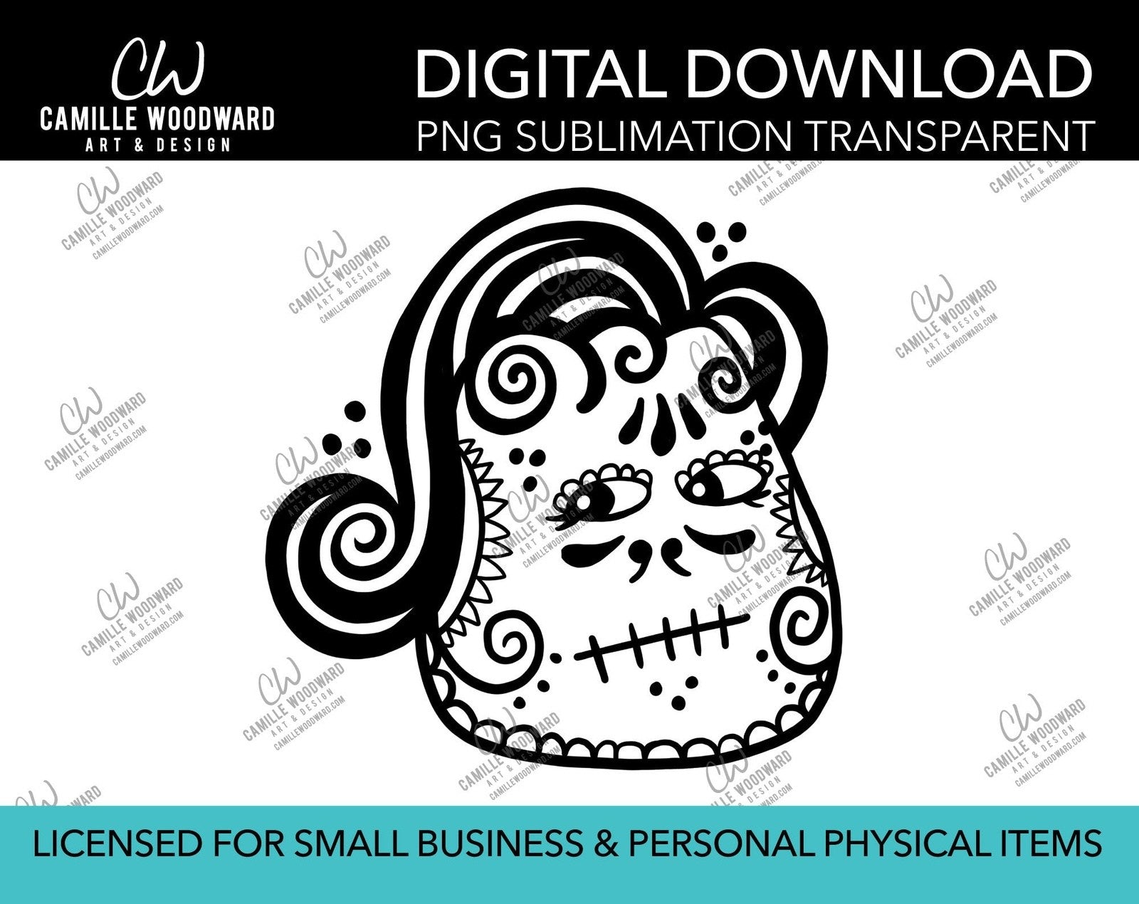 Sugar Skull Lady Black and White, PNG - Sublimation  Digital Download