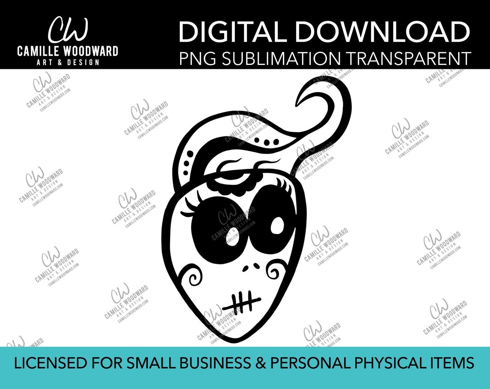 Sugar Skull Lady Swirly Hair Black and White, PNG - Sublimation  Digital Download