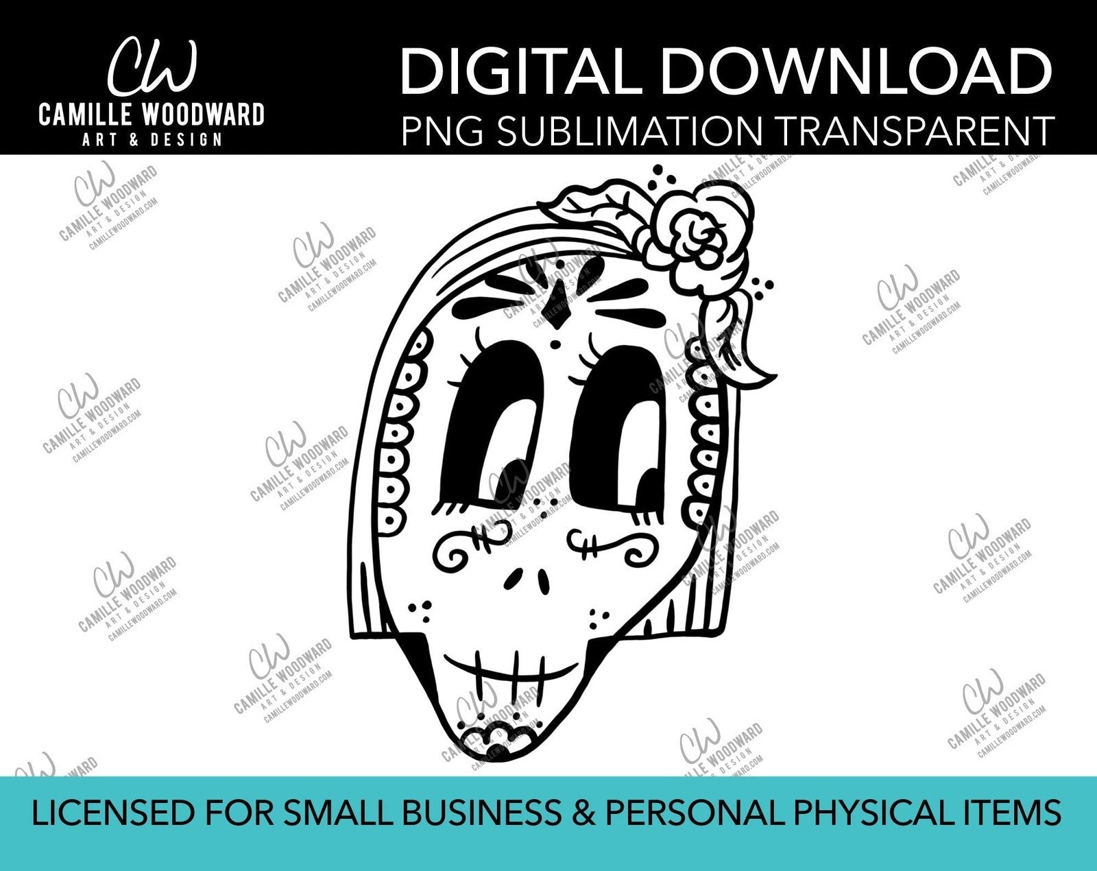 Sugar Skull Flower Corpse Bride Black and White, PNG - Sublimation  Digital Download