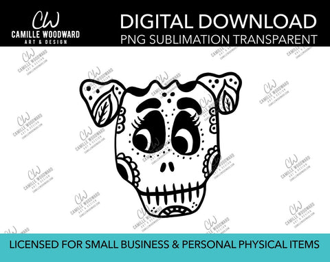 Sugar Skull Puppy Dog Black and White, PNG - Sublimation  Digital Download