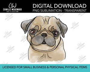 Pug Fawn Watercolor, PNG  - Sublimation Digital Download