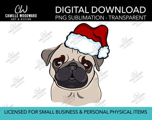 Pug Santa Hat, PNG  - Sublimation Digital Download