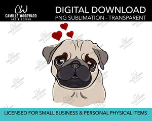 Pug Love Hearts, PNG  - Sublimation Digital Download