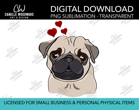 Pug Love Hearts, PNG  - Sublimation Digital Download