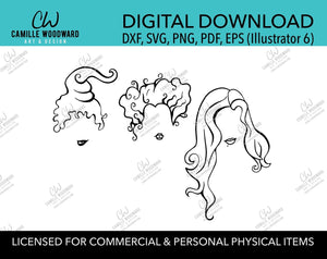 Three Witches Black and White, PNG SVG - Sublimation Digital Download Transparent
