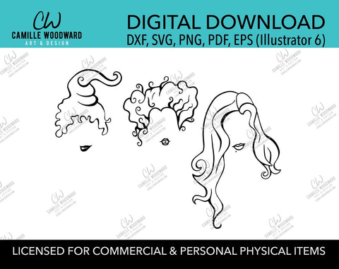 Three Witches Black and White, PNG SVG - Sublimation Digital Download Transparent