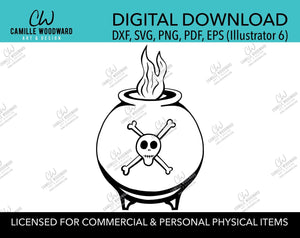 Witch Cauldron Skull and Crossbones Black and White, PNG SVG - Digital Download Transparent