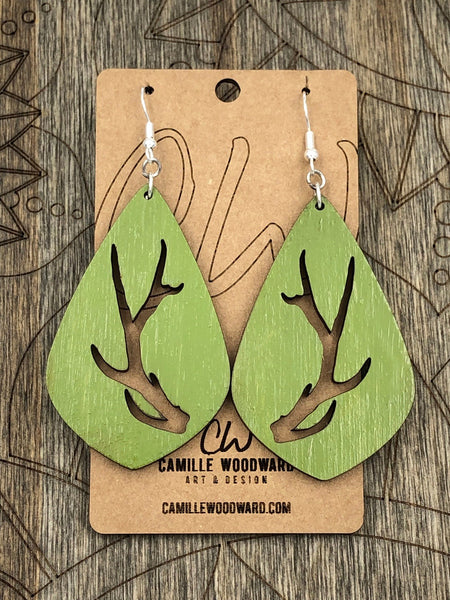 Elk Antler Earrings Teardrop Wood Plastic Cut Engraved Camouflage