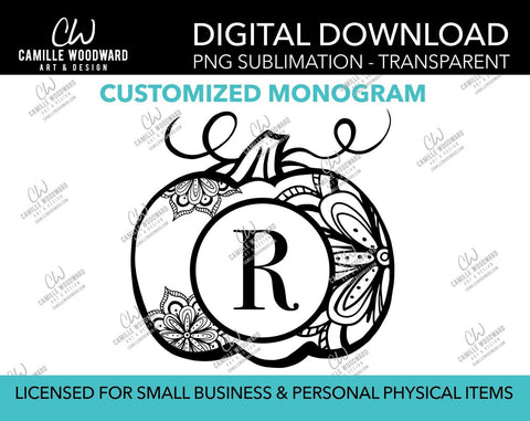 Mandala Pumpkin Monogram Personalized Black and White, PNG - Sublimation  Digital Download