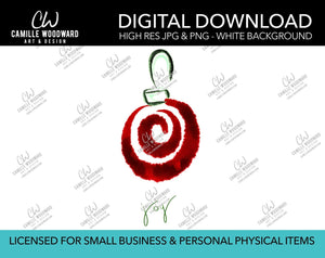Christmas Ornament Swirl Watercolor Drawing Joy Text Green Deep Red - PNG JPG Digital Download