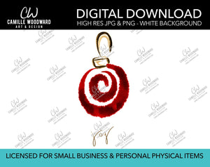 Christmas Ornament Swirl Watercolor Drawing Joy Text Gold Deep Red - PNG JPG Digital Download